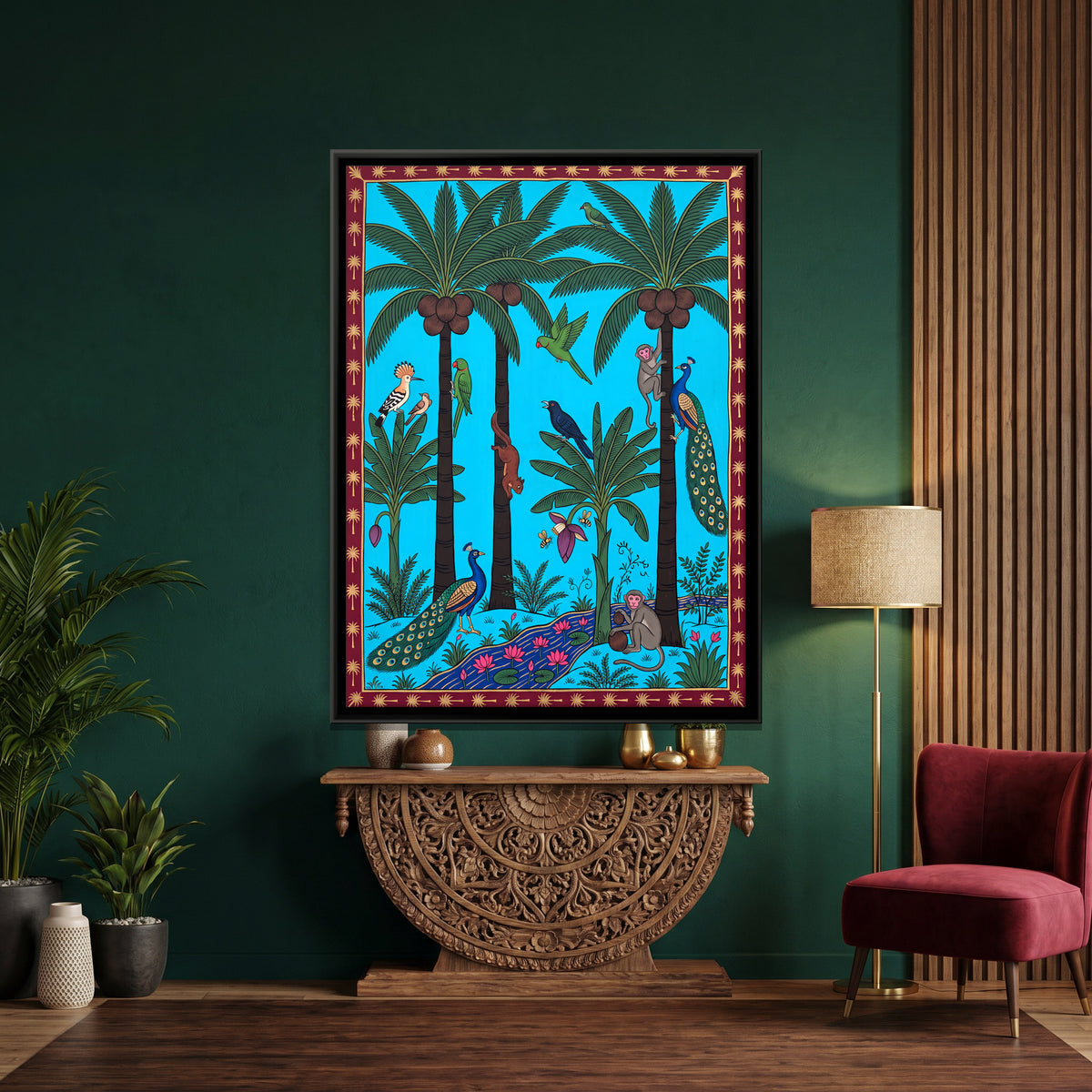 Coconut Palms with Peacocks - canvas art shown in a second room setting