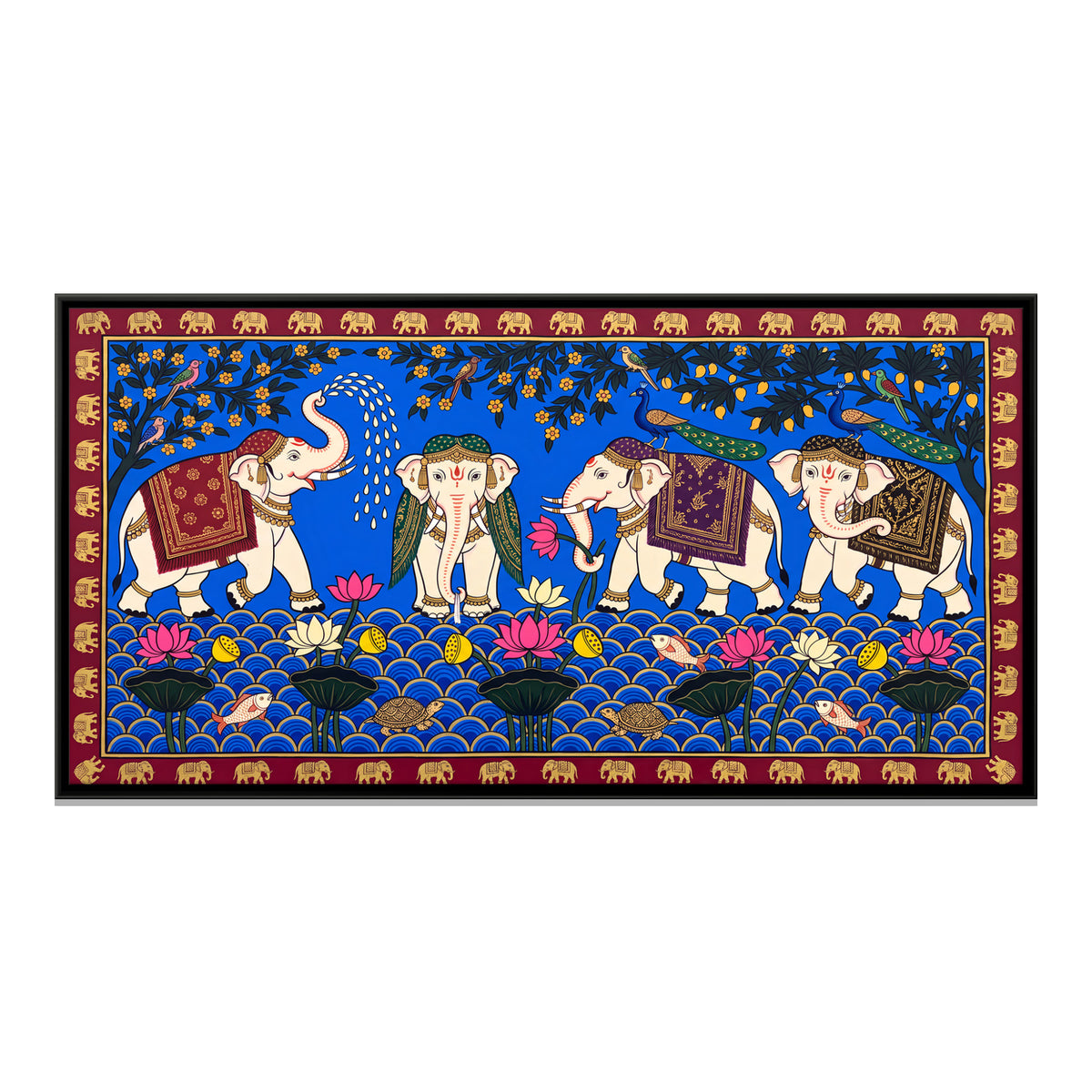 Elephants at a Lotus Pond - framed canvas print, front view