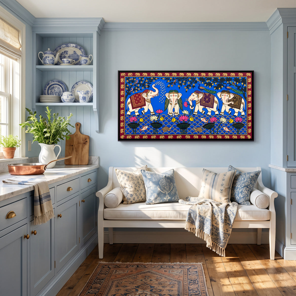 Elephants at a Lotus Pond - canvas art shown in a styled room