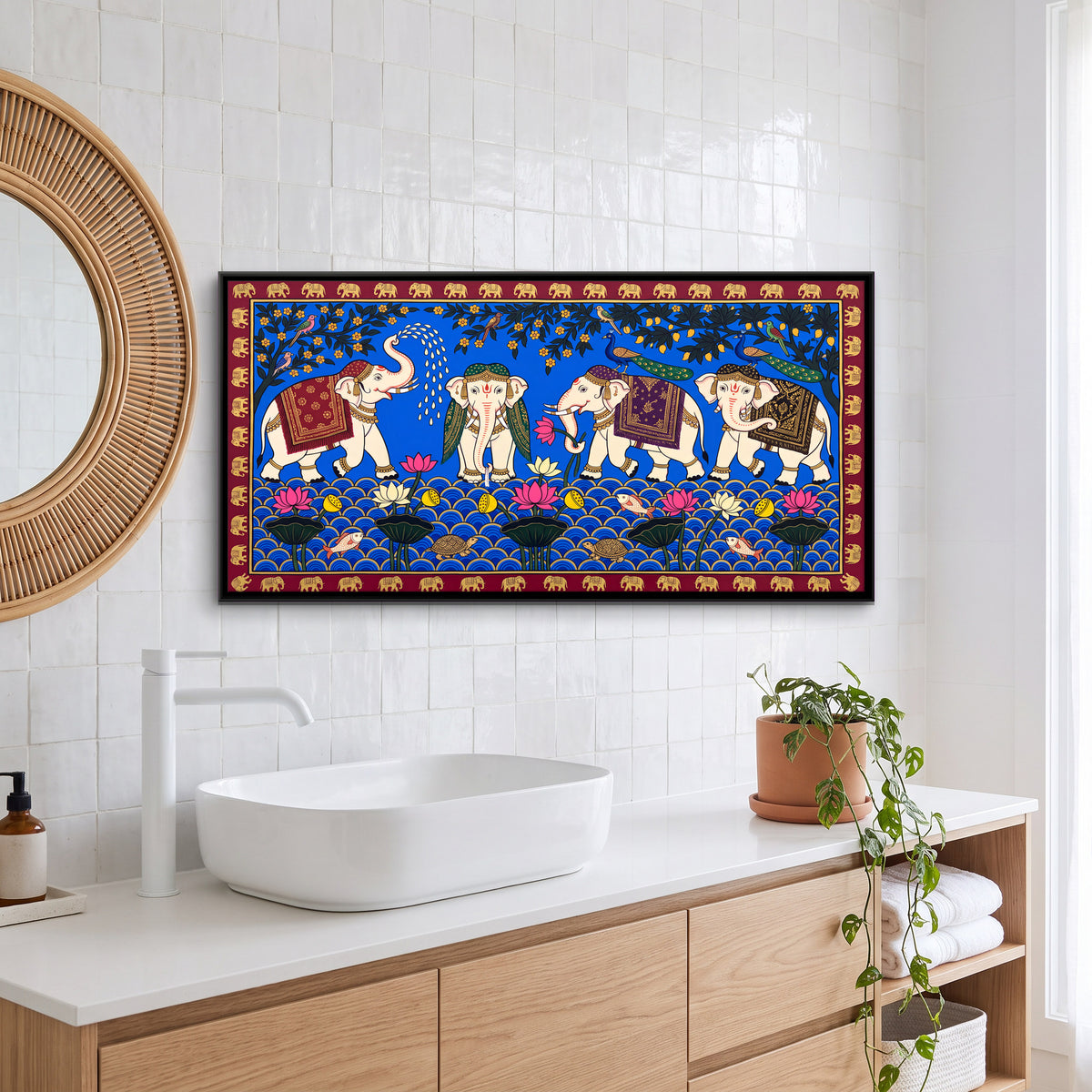 Elephants at a Lotus Pond - canvas art shown in a second room setting