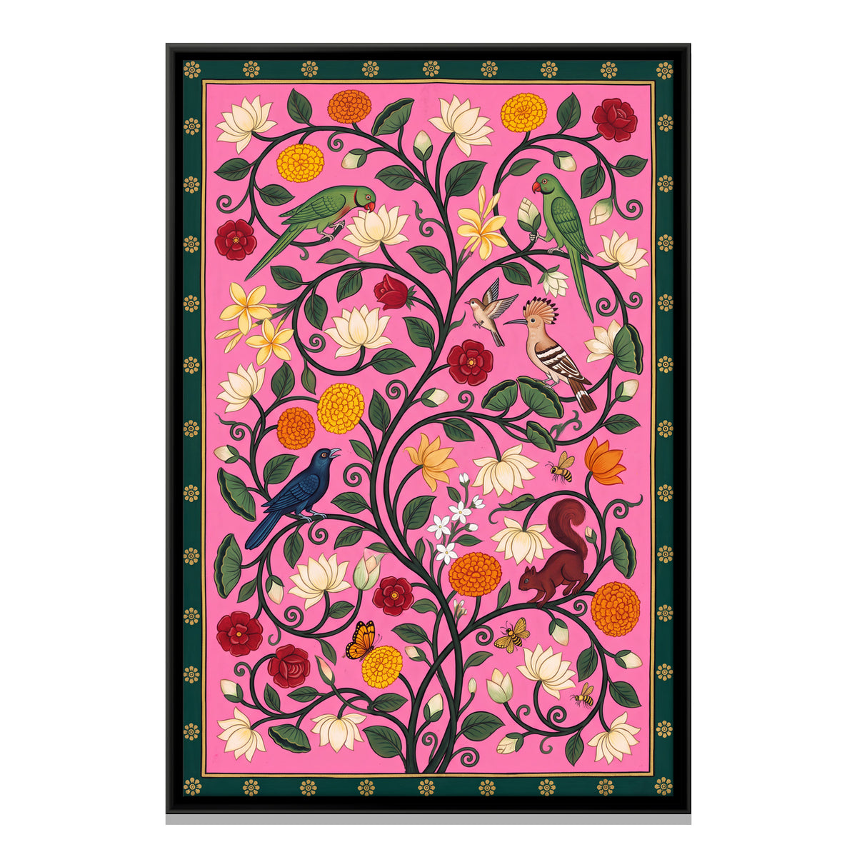 Flowering Vine with Birds and Monkeys - framed canvas print, front view