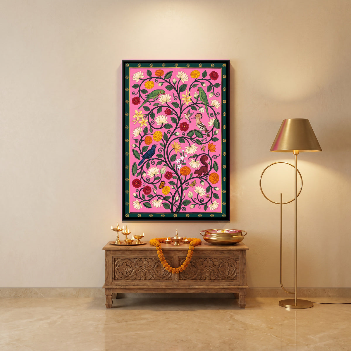 Flowering Vine with Birds and Monkeys - canvas art shown in a styled room