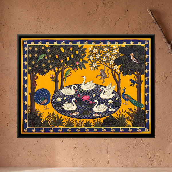 Swans on a Lotus Pond in a Forest