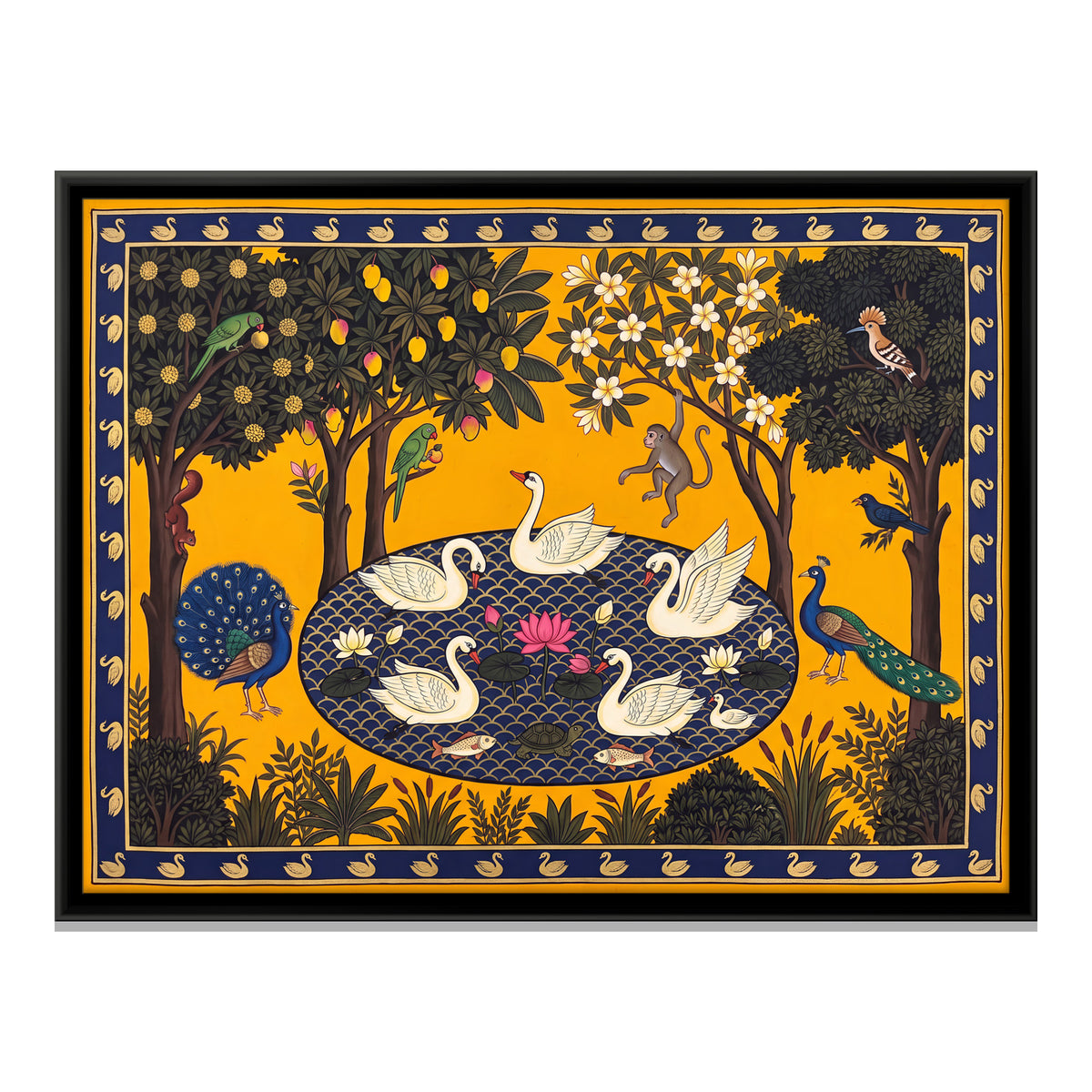 Swans on a Lotus Pond - framed canvas print, front view