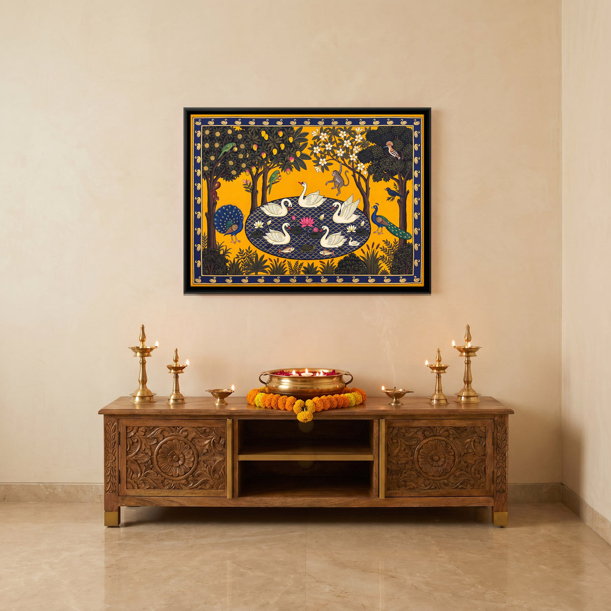 Swans on a Lotus Pond - canvas art shown in a second room setting