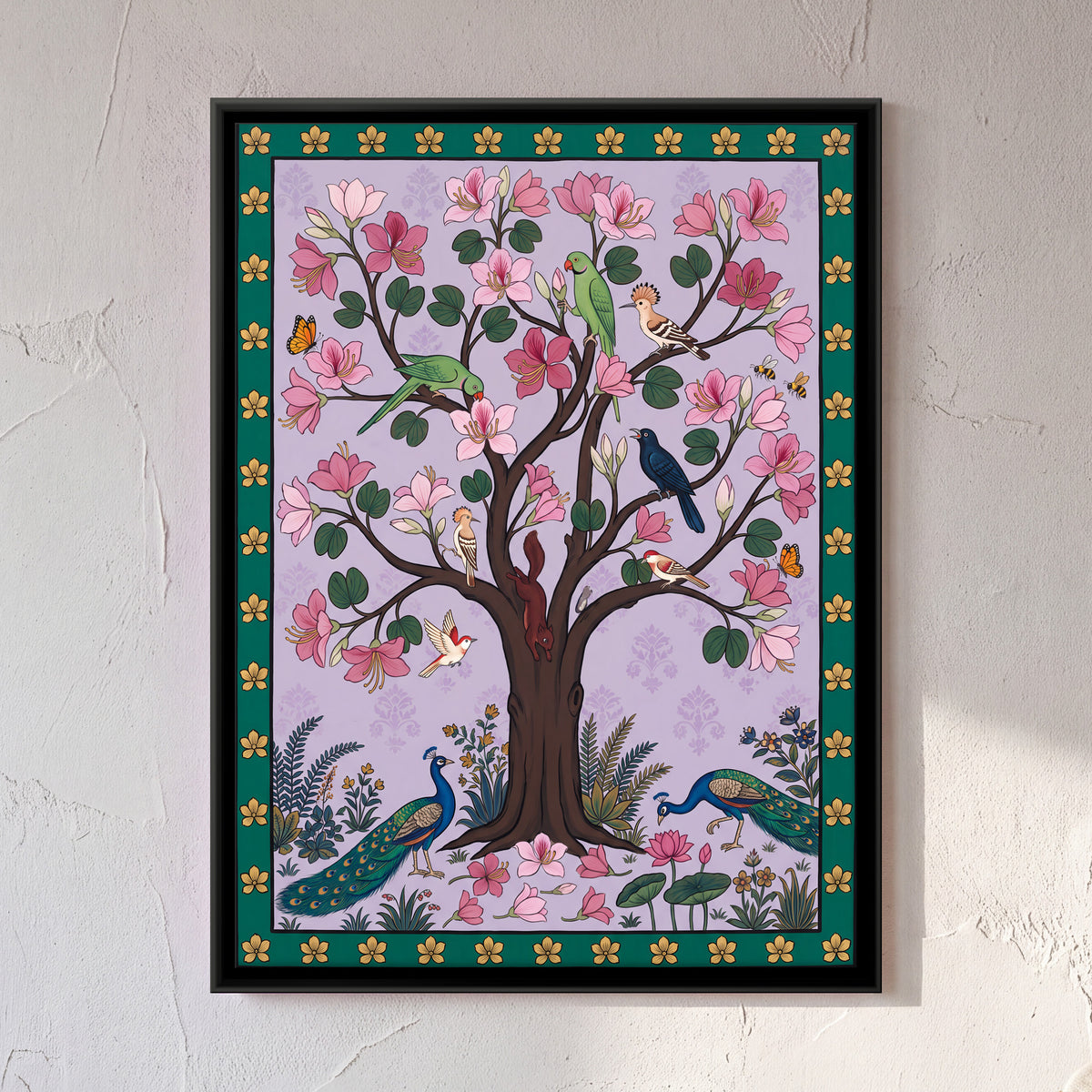 Magnolia Tree with Peacocks - framed canvas art hung on a wall