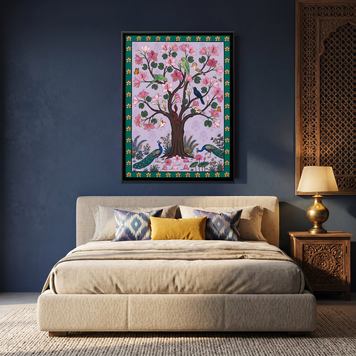 Magnolia Tree with Peacocks - canvas art shown in a styled room
