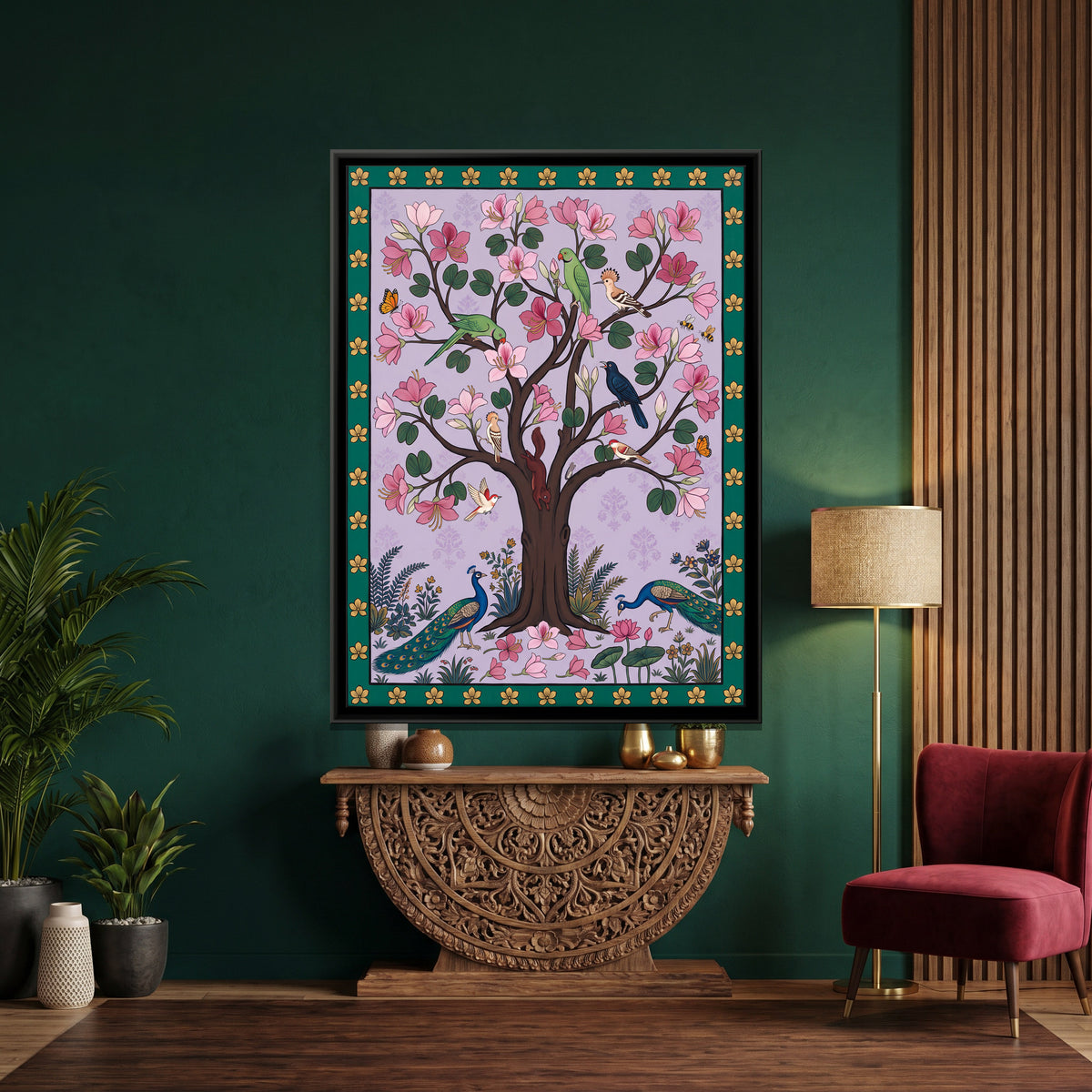Magnolia Tree with Peacocks - canvas art shown in a second room setting