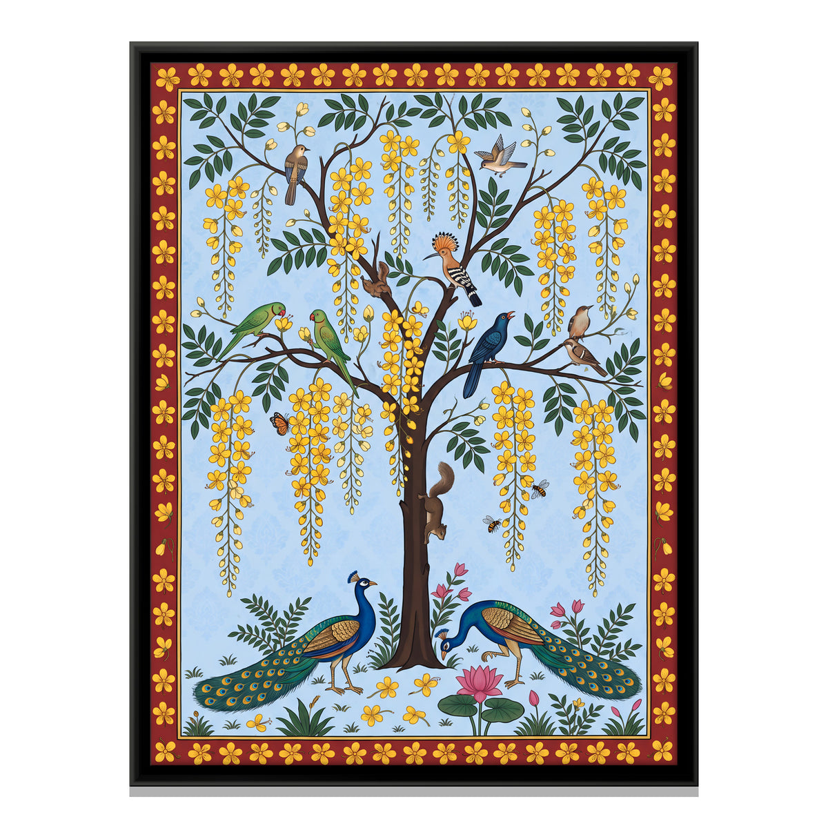 Laburnum Tree with Peacocks - framed canvas print, front view