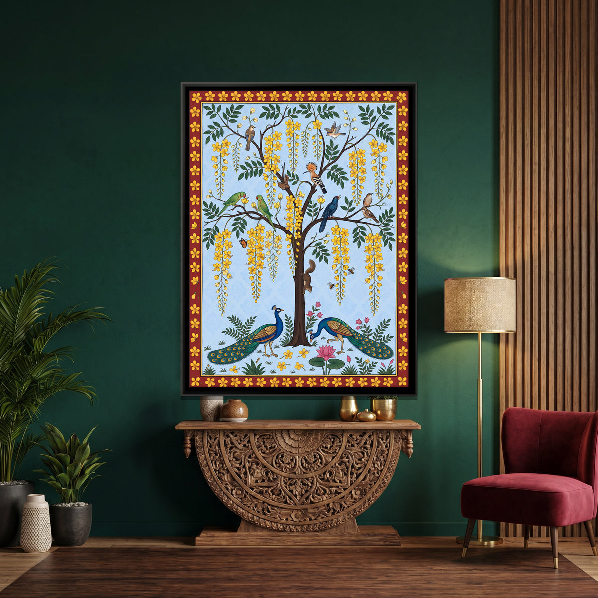 Laburnum Tree with Peacocks - canvas art shown in a styled room