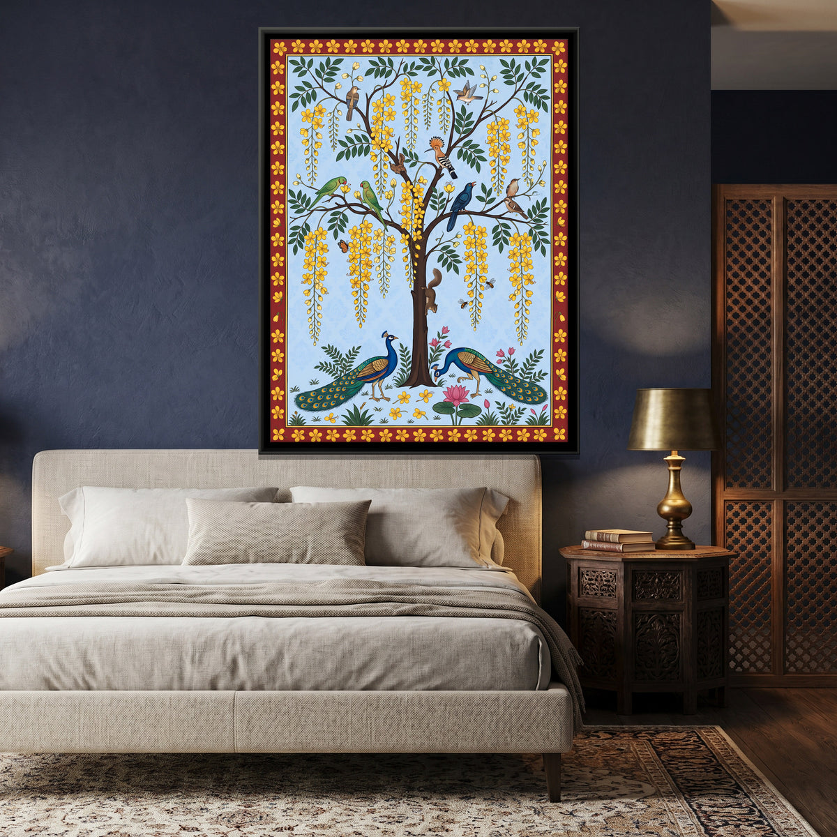 Laburnum Tree with Peacocks - canvas art shown in a second room setting