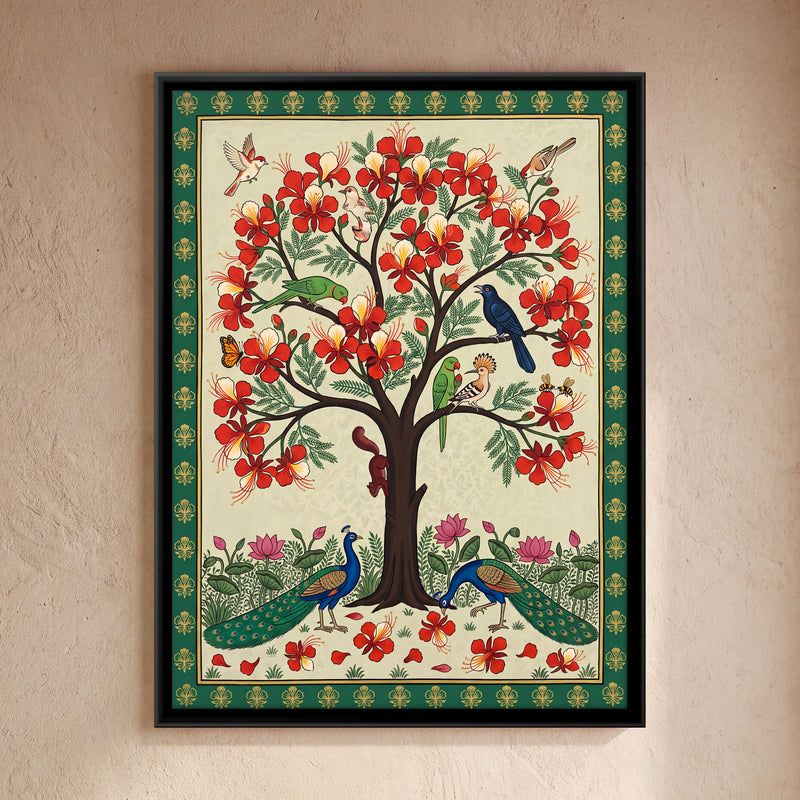 Gulmohar Tree with Peacocks - framed canvas art hung on a wall