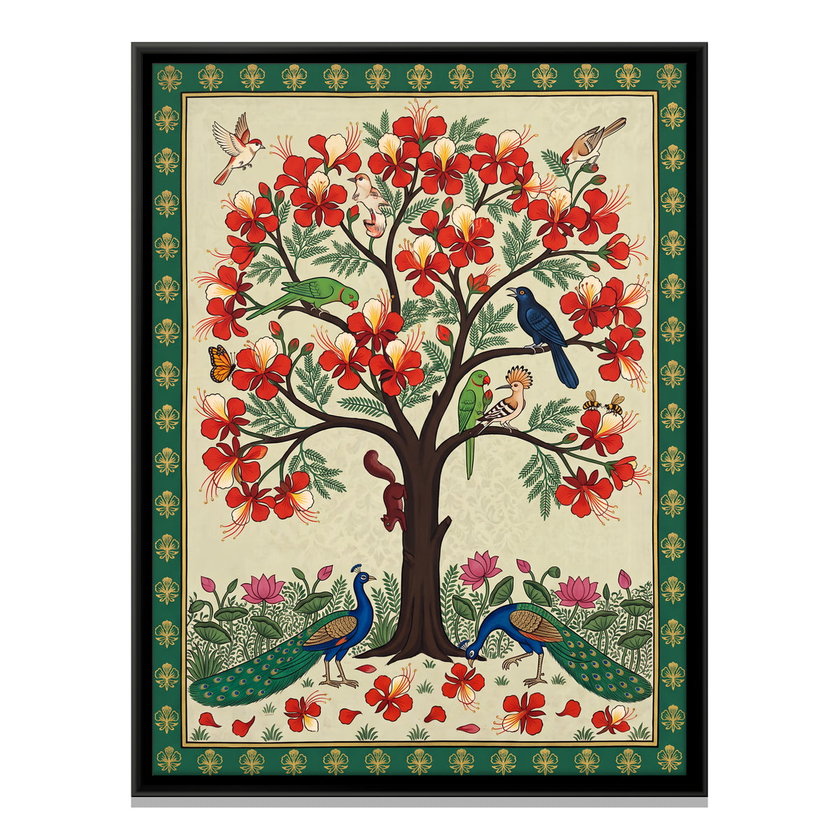 Gulmohar Tree with Peacocks - framed canvas print, front view