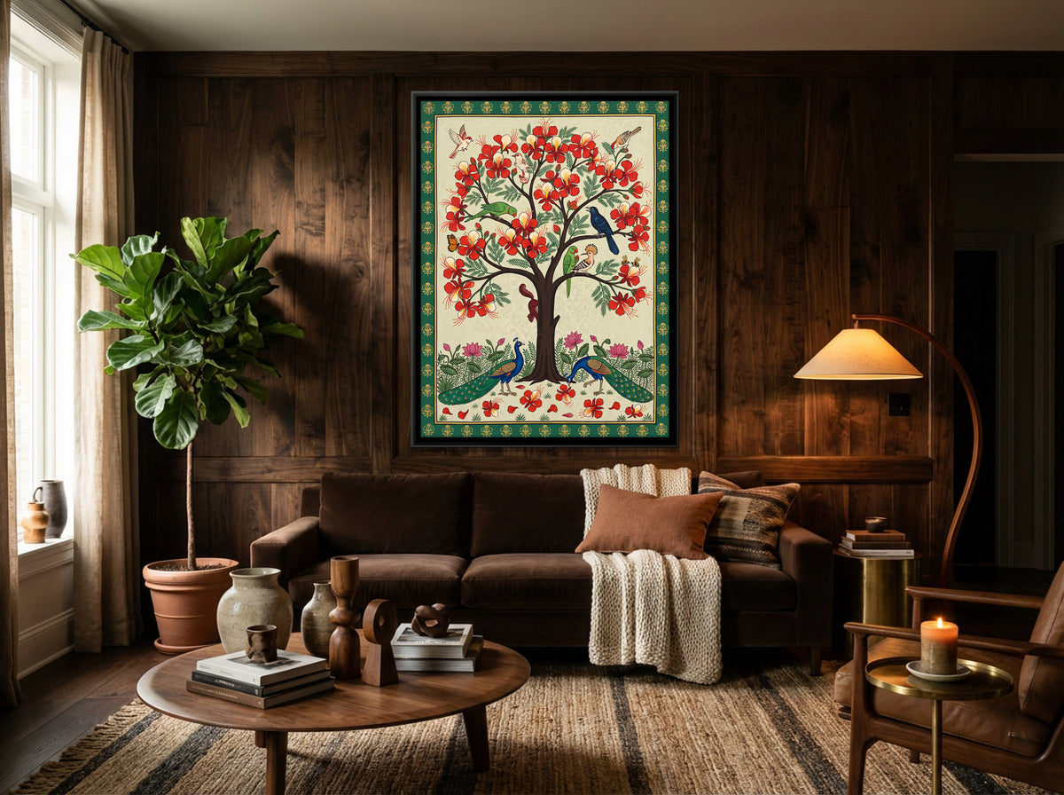 Gulmohar Tree with Peacocks - canvas art shown in a styled room