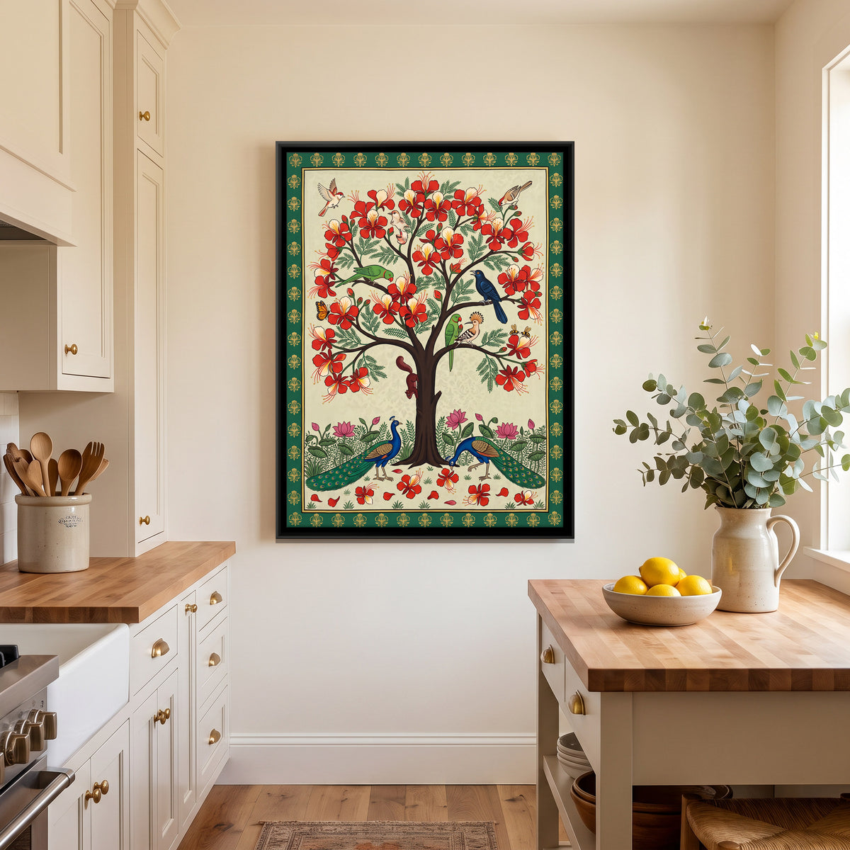 Gulmohar Tree with Peacocks - canvas art shown in a second room setting