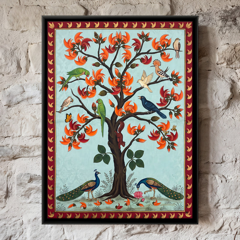 Flame Tree with Parrots - framed canvas art hung on a wall
