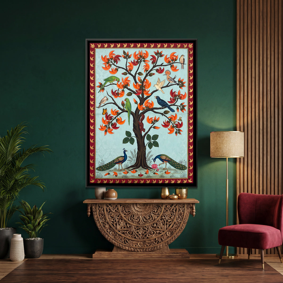 Flame Tree with Parrots - canvas art shown in a styled room