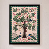Pink Blossom Tree with Peacocks and Birds