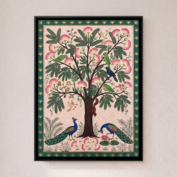 Pink Blossom Tree with Peacocks and Birds