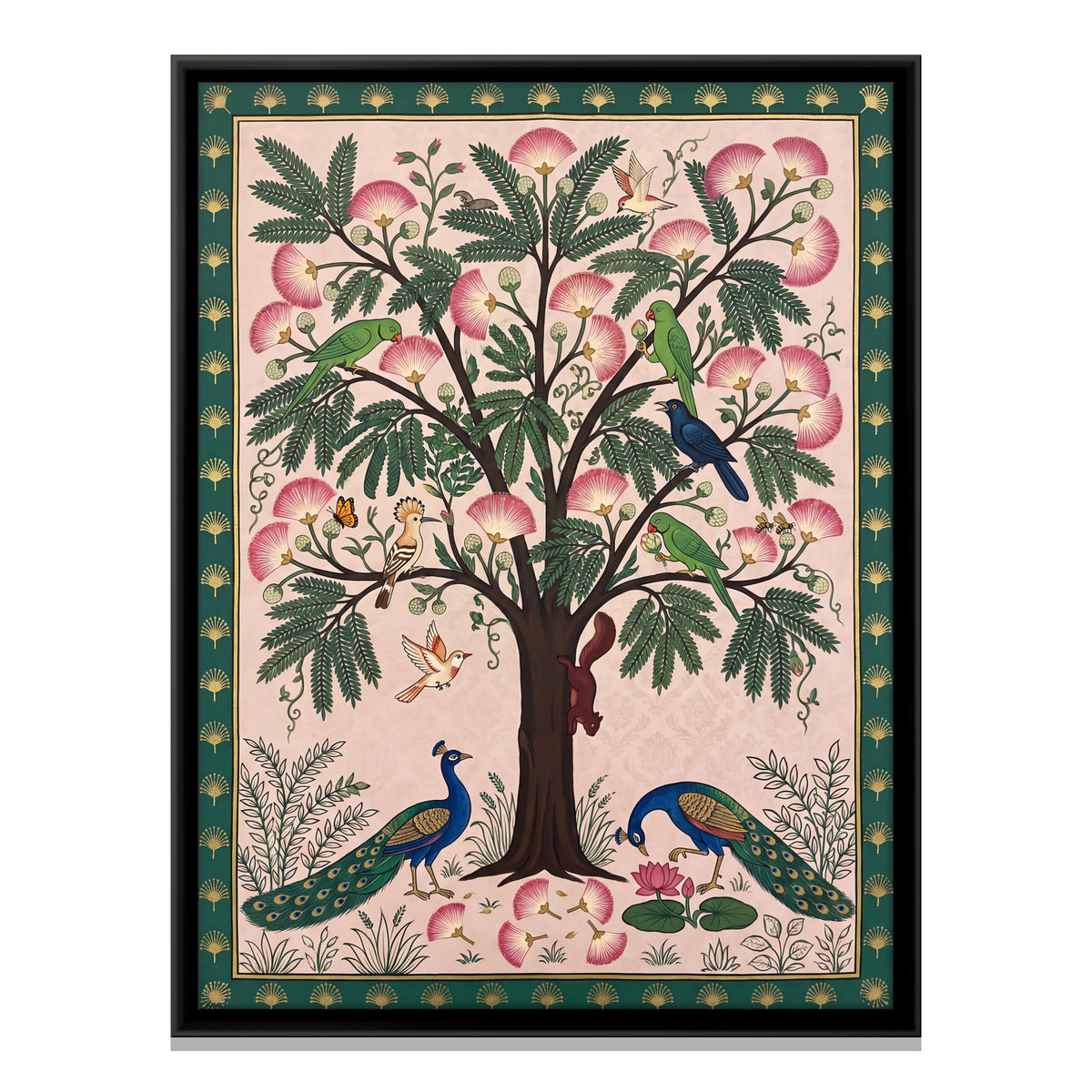 Pink Blossom Tree with Peacocks - framed canvas print, front view
