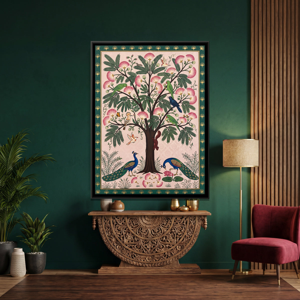 Pink Blossom Tree with Peacocks - canvas art shown in a styled room