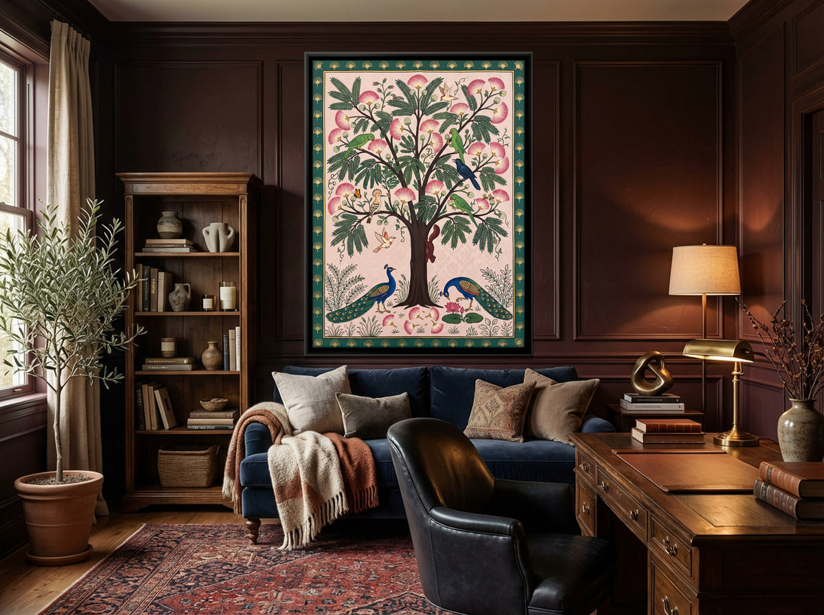 Pink Blossom Tree with Peacocks - canvas art shown in a second room setting