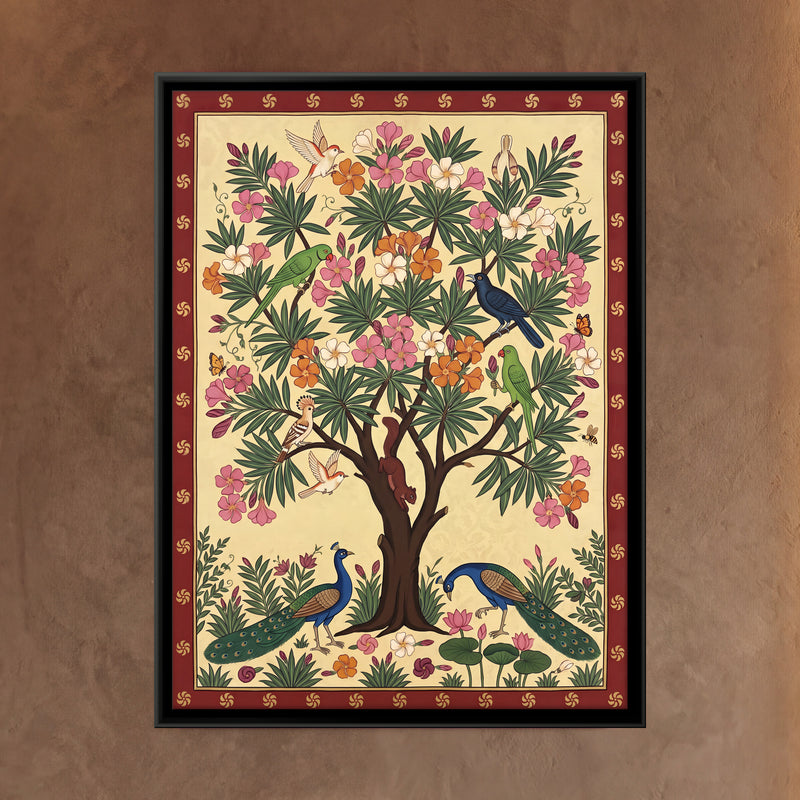 Oleander Tree with Parrots - framed canvas art hung on a wall