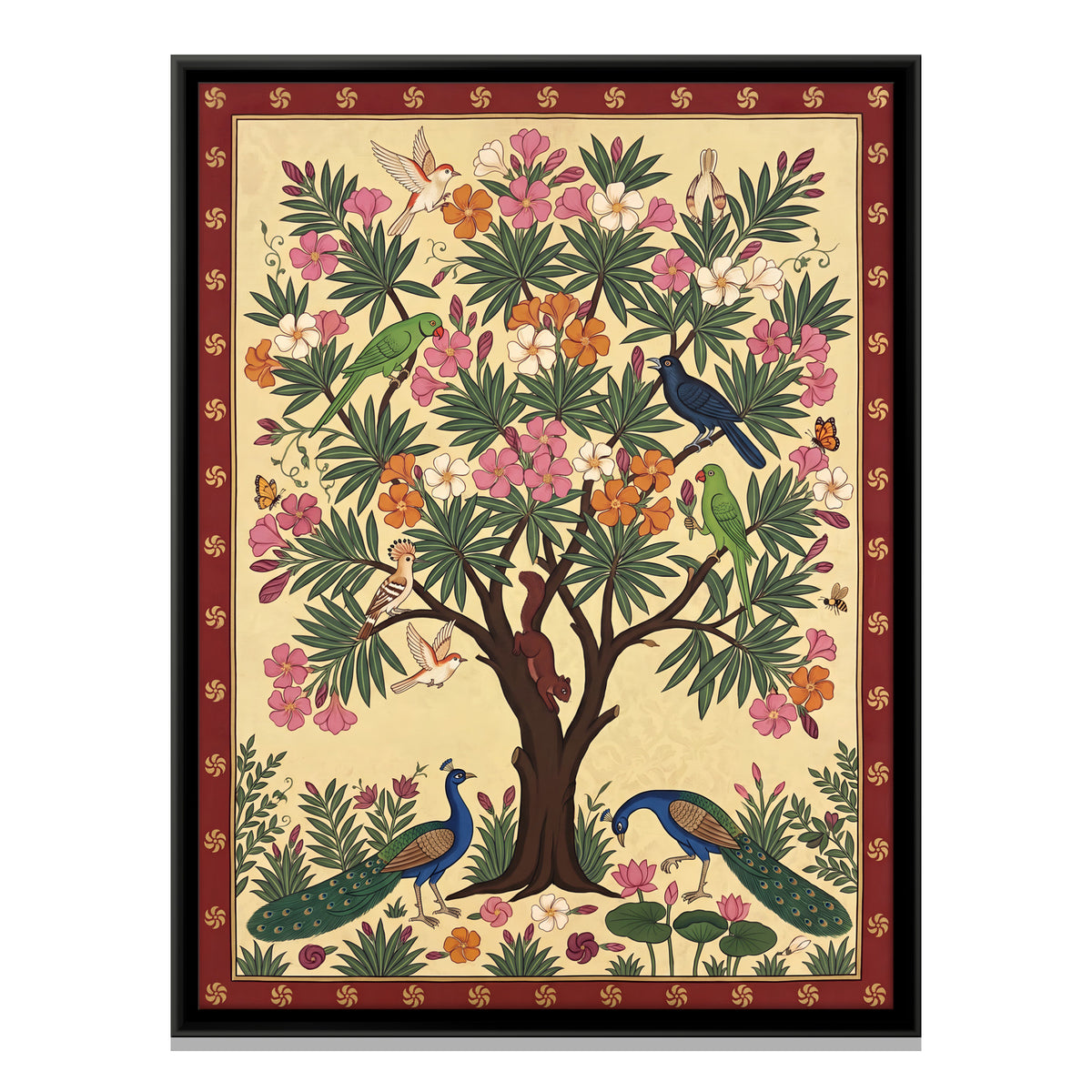 Oleander Tree with Parrots - framed canvas print, front view