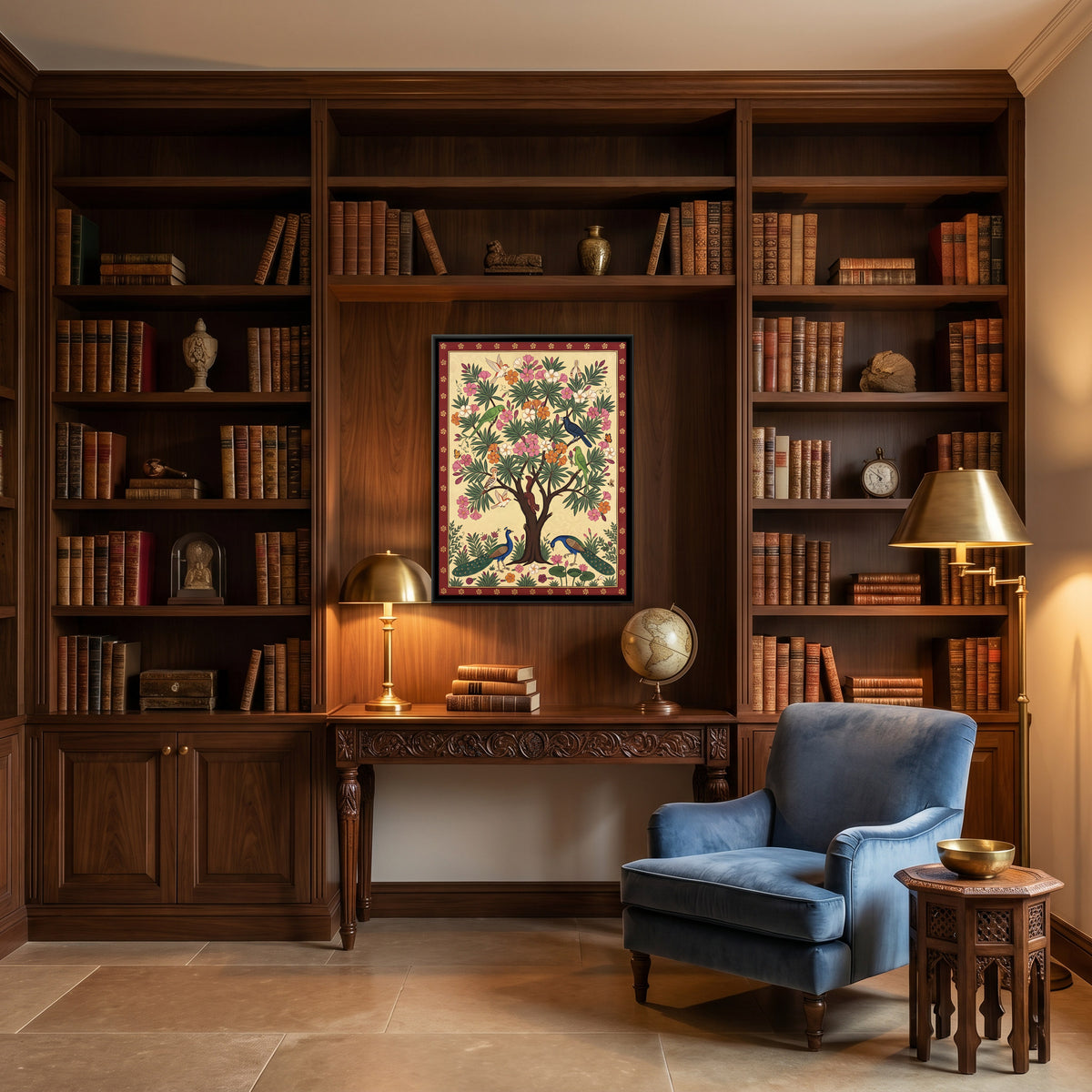 Oleander Tree with Parrots - canvas art shown in a styled room