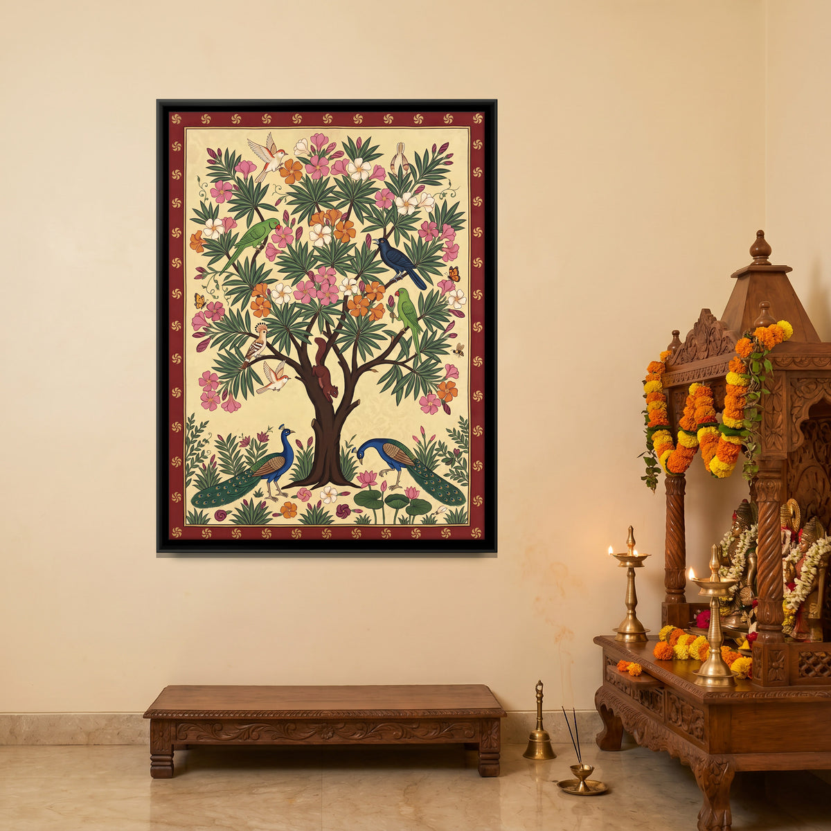 Oleander Tree with Parrots - canvas art shown in a second room setting