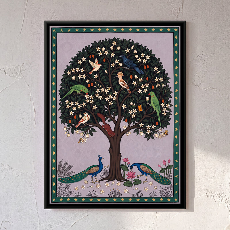 White Blossom Tree with Peacocks - framed canvas art hung on a wall