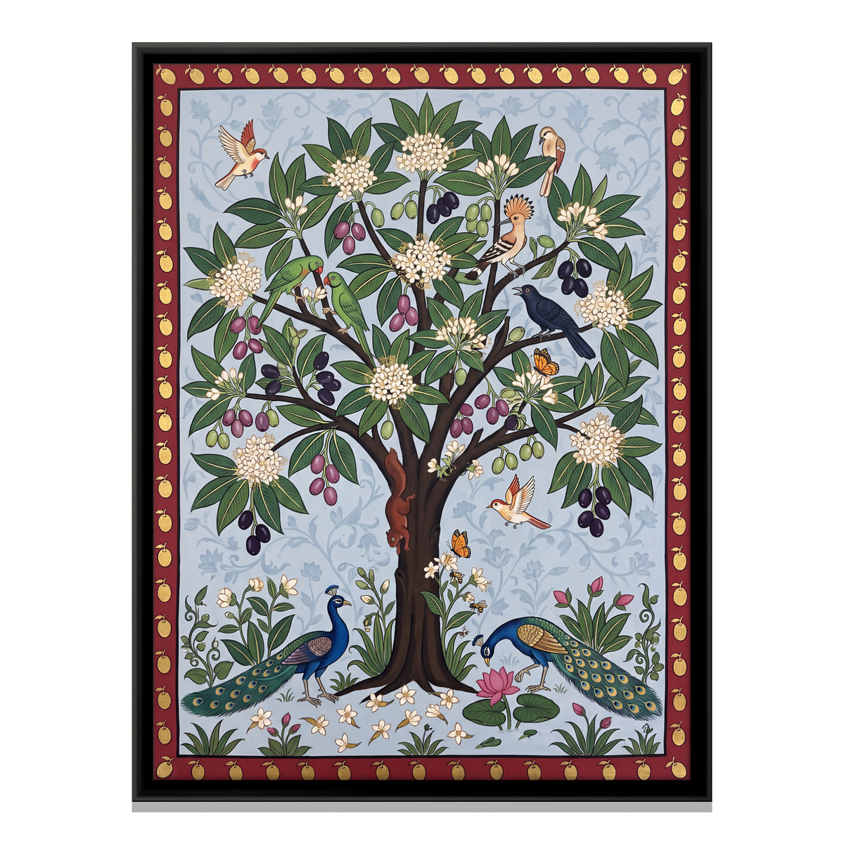 Jamun Tree with Peacocks - framed canvas print, front view