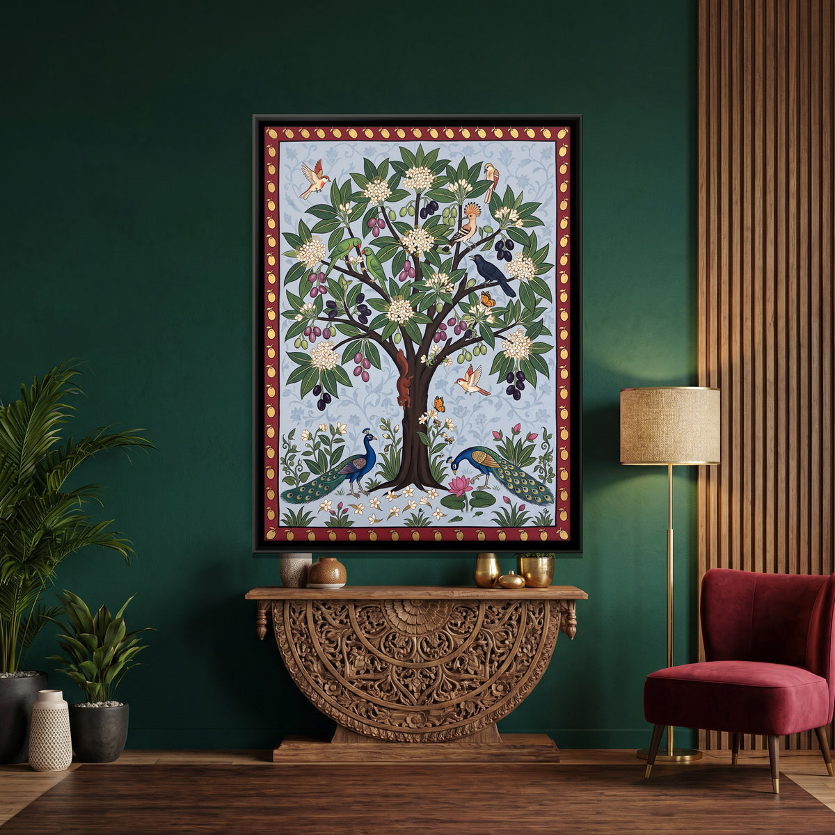 Jamun Tree with Peacocks - canvas art shown in a styled room