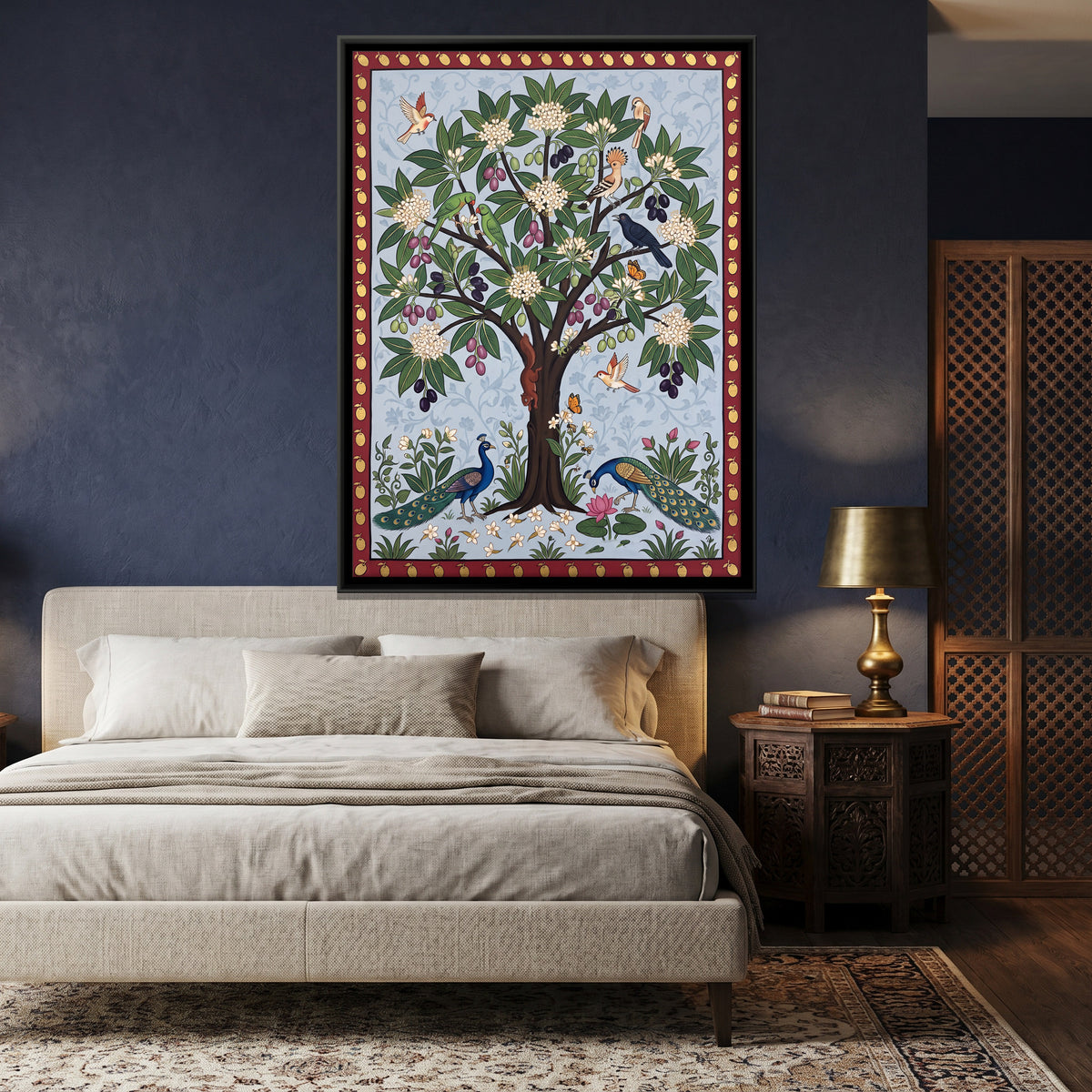 Jamun Tree with Peacocks - canvas art shown in a second room setting