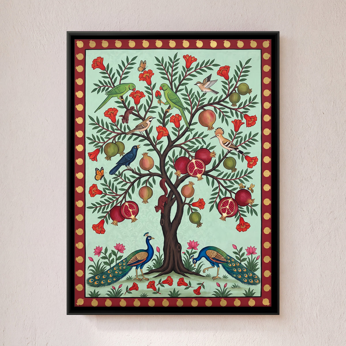 Pomegranate Tree with Peacocks - framed canvas art hung on a wall