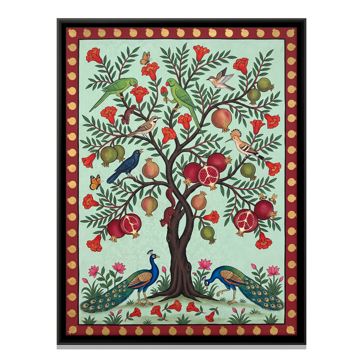 Pomegranate Tree with Peacocks - framed canvas print, front view