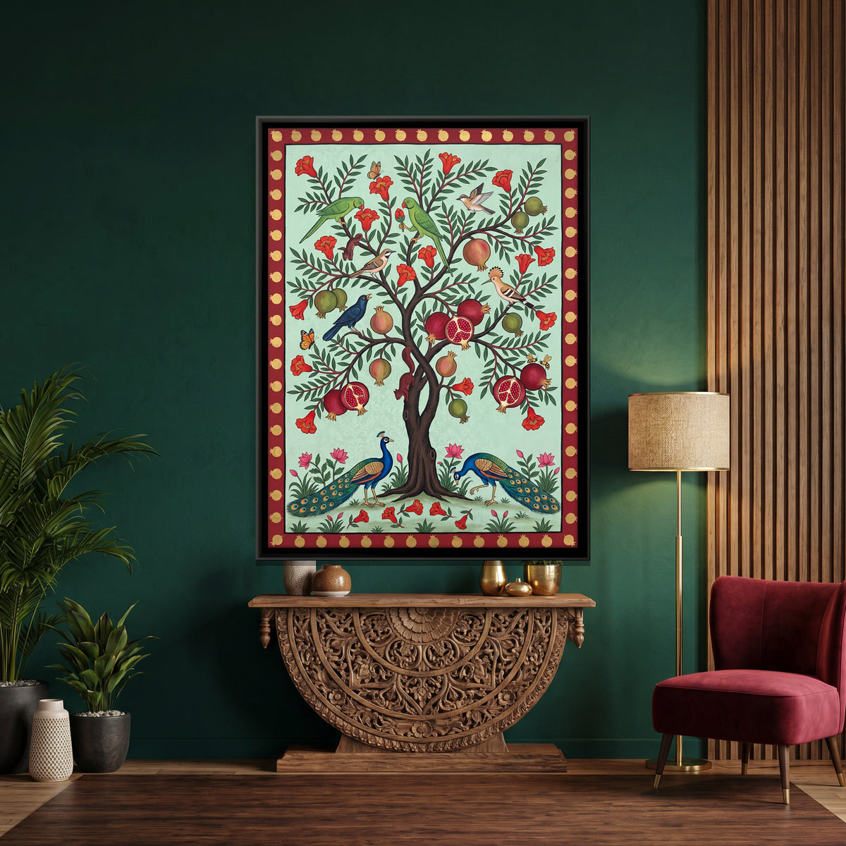 Pomegranate Tree with Peacocks - canvas art shown in a styled room