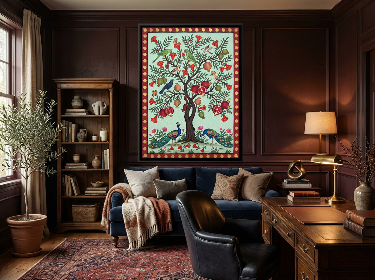 Pomegranate Tree with Peacocks - canvas art shown in a second room setting