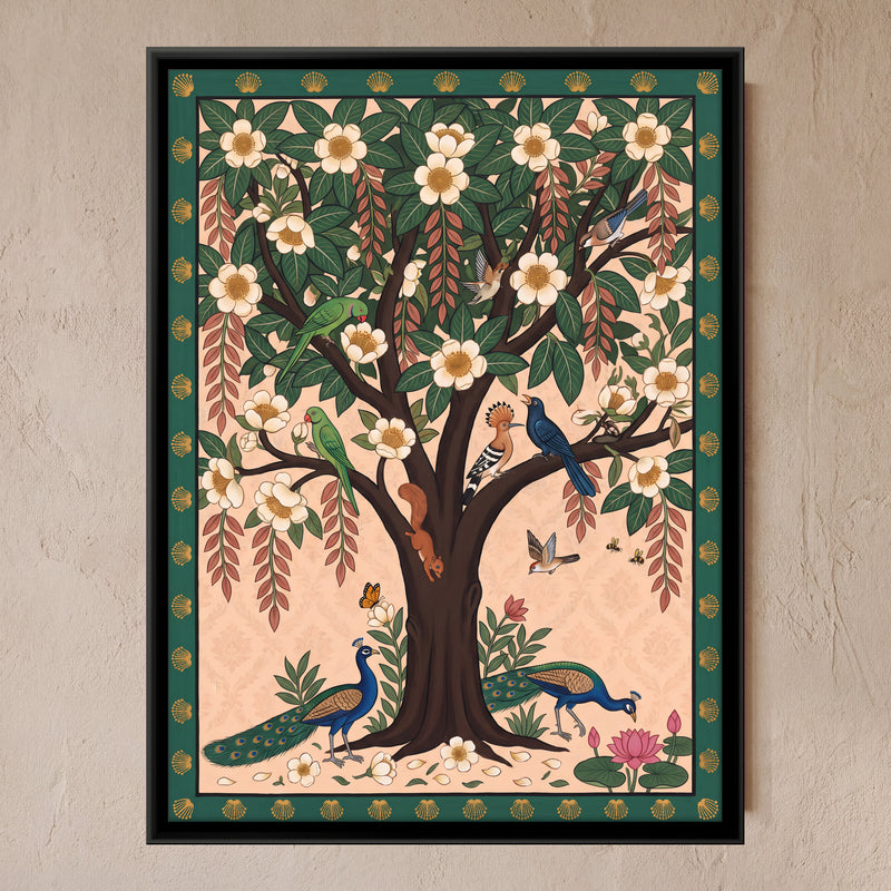 White Blossom Tree with Peacocks - framed canvas art hung on a wall