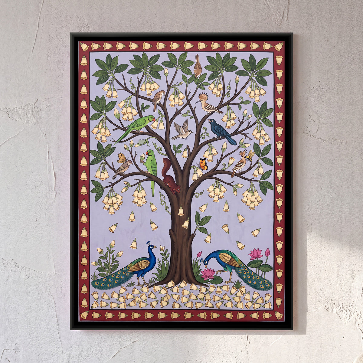 Flowering Tree with Peacocks - framed canvas art hung on a wall