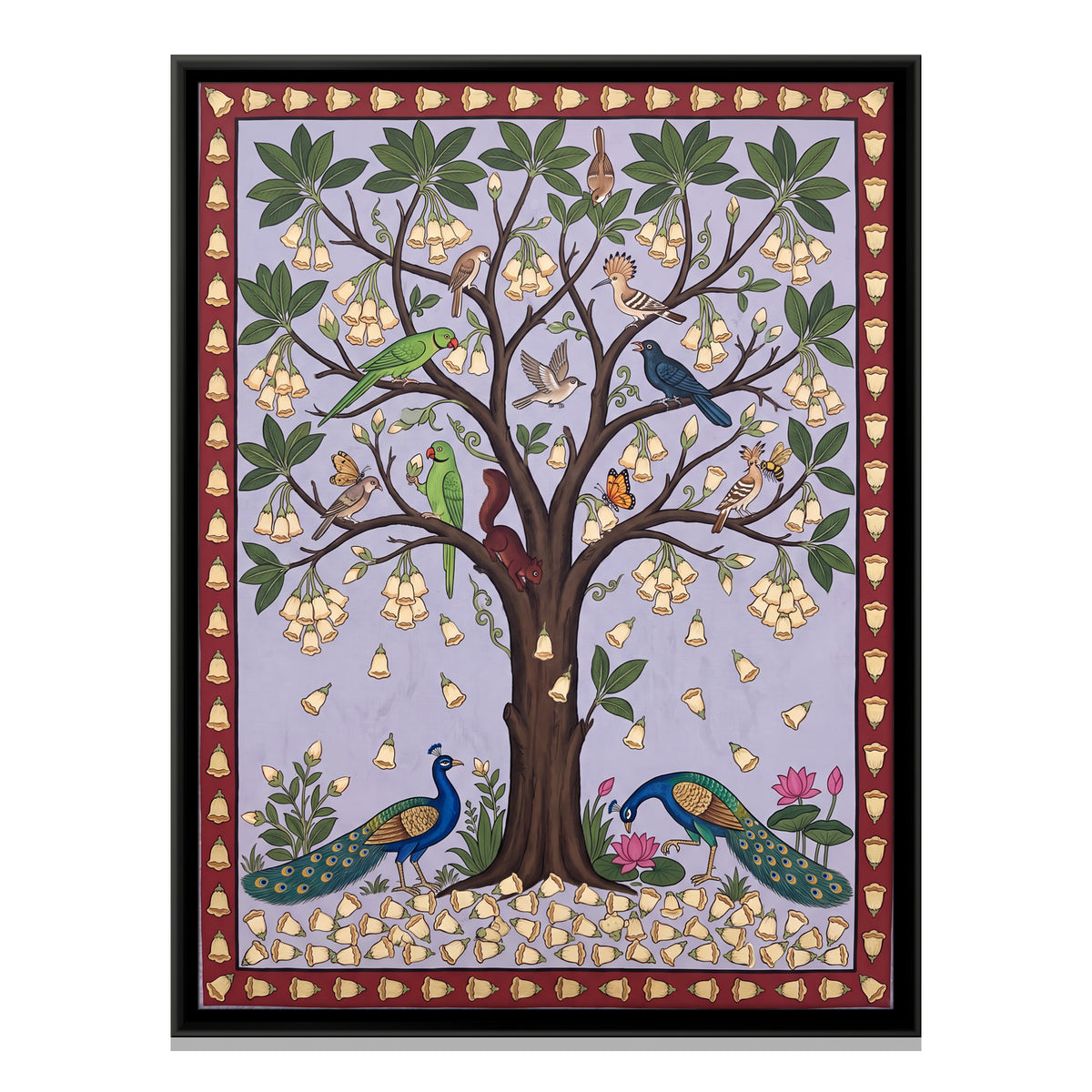 Flowering Tree with Peacocks - framed canvas print, front view