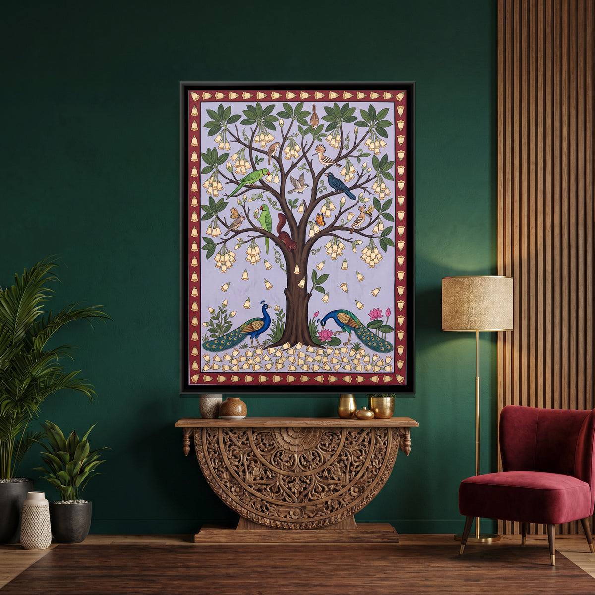 Flowering Tree with Peacocks - canvas art shown in a styled room