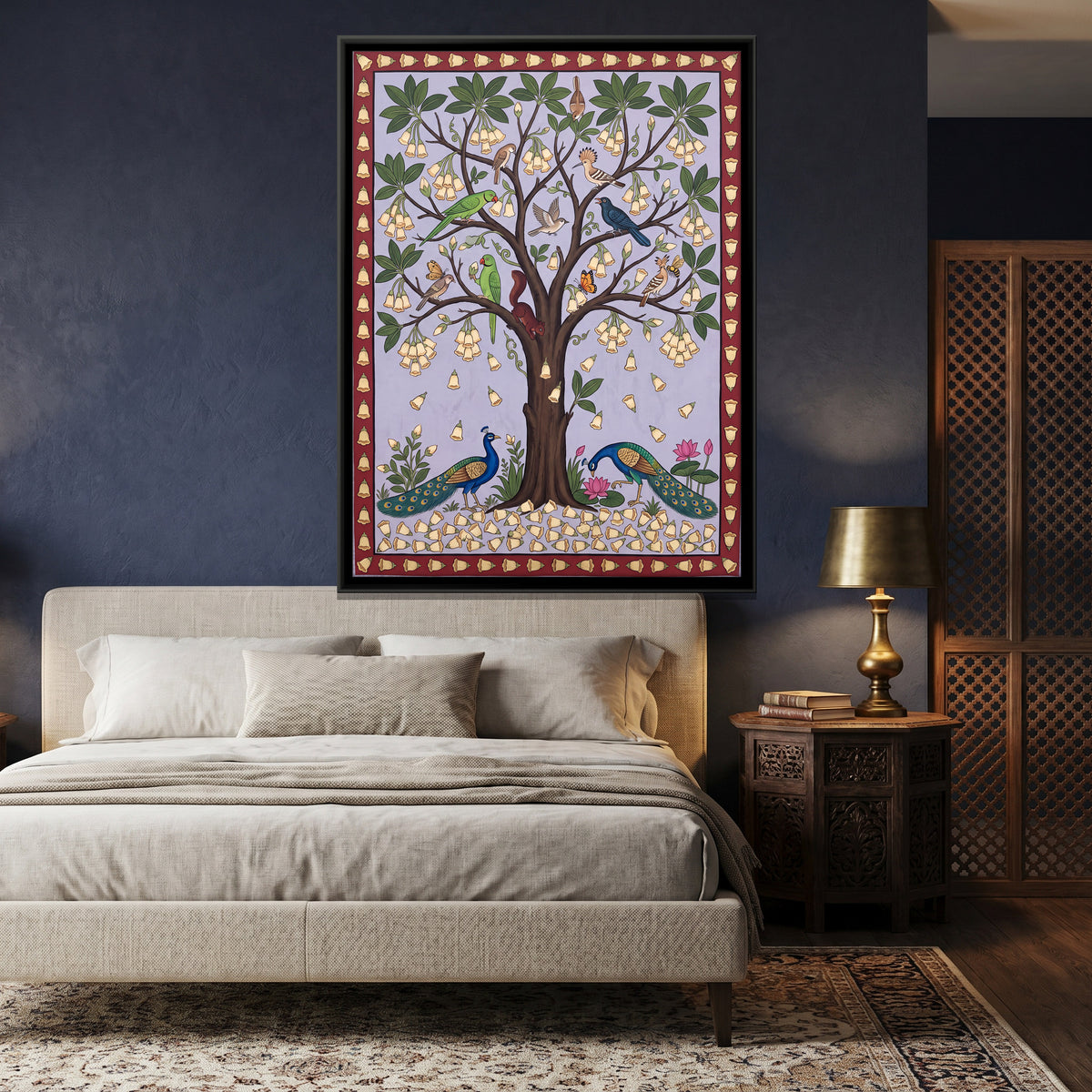 Flowering Tree with Peacocks - canvas art shown in a second room setting