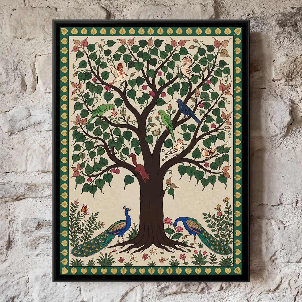Peepal Tree with Peacocks - framed canvas art hung on a wall