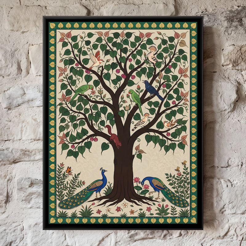 Peepal Tree with Peacocks - framed canvas art hung on a wall