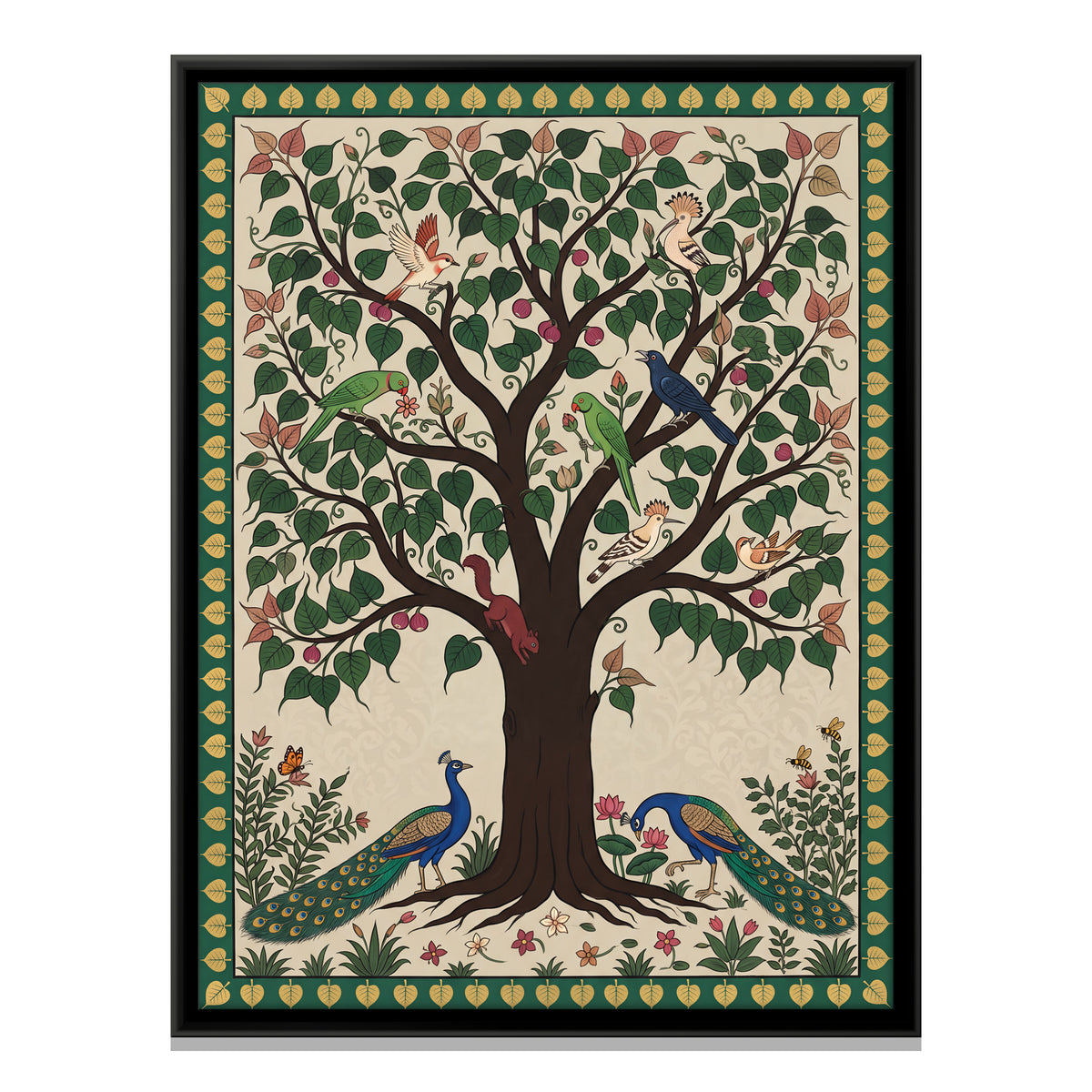 Peepal Tree with Peacocks - framed canvas print, front view