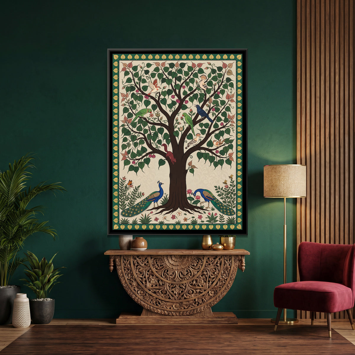 Peepal Tree with Peacocks - canvas art shown in a styled room