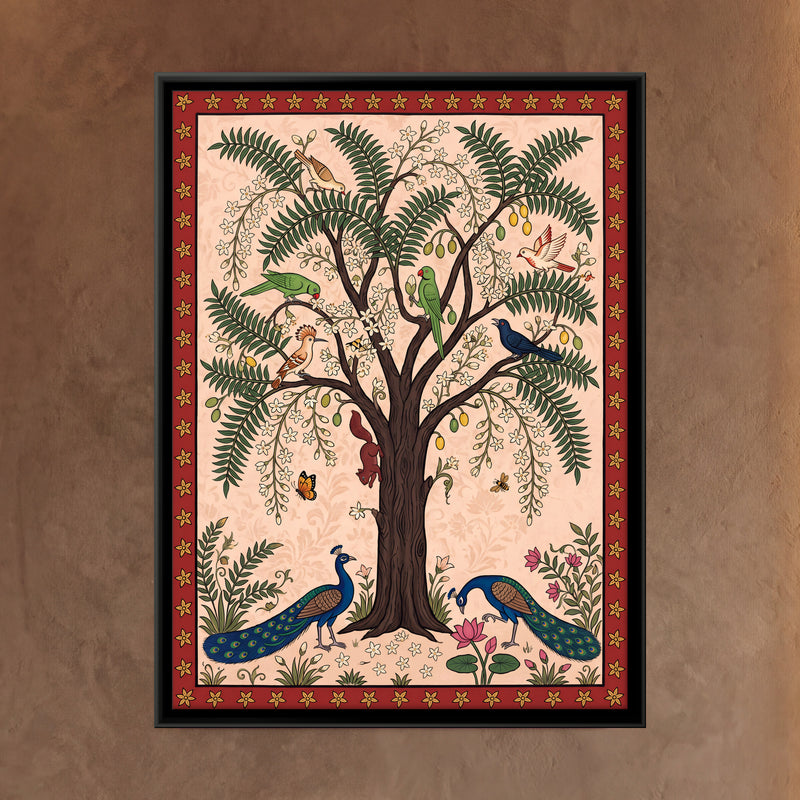 Neem Tree with Peacocks - framed canvas art hung on a wall