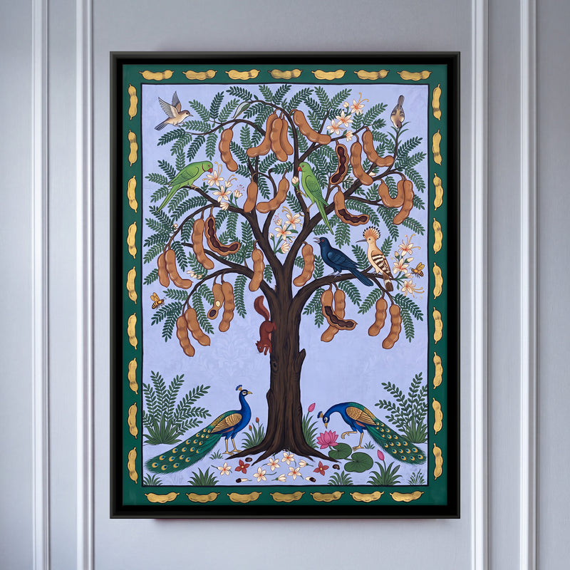 Tamarind Tree with Monkeys - framed canvas art hung on a wall
