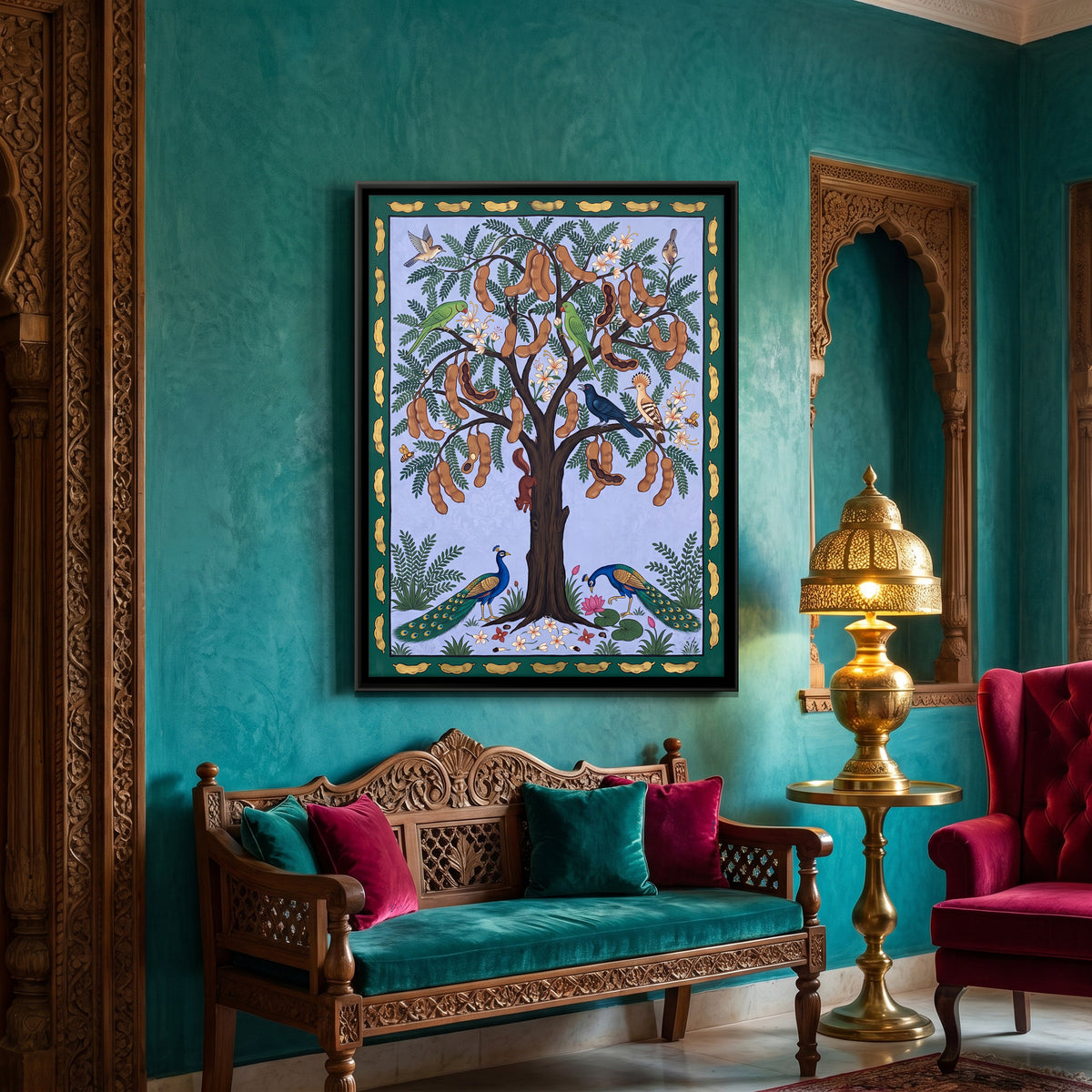 Tamarind Tree with Monkeys - canvas art shown in a second room setting
